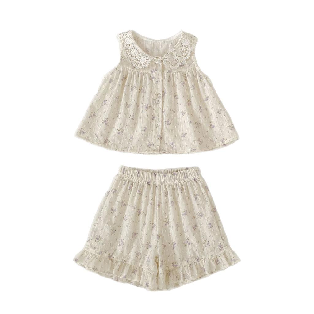 Girls Summer Floral Lace Collar Top and Ruffled Shorts Set