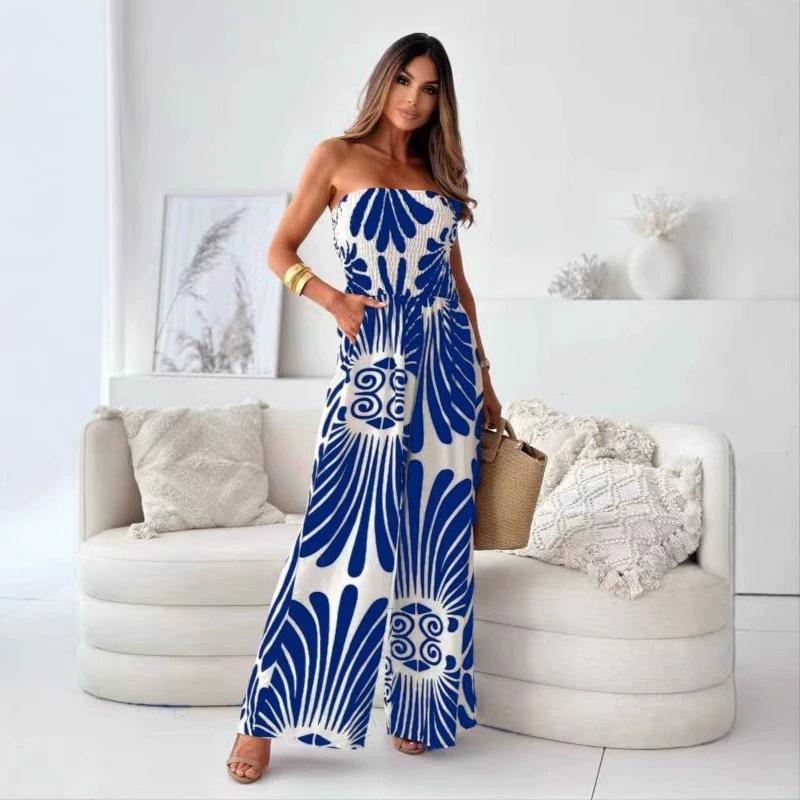 New Summer Fashion Printed Strapless and Waist-cinching Trousers and Jumpsuits for Women