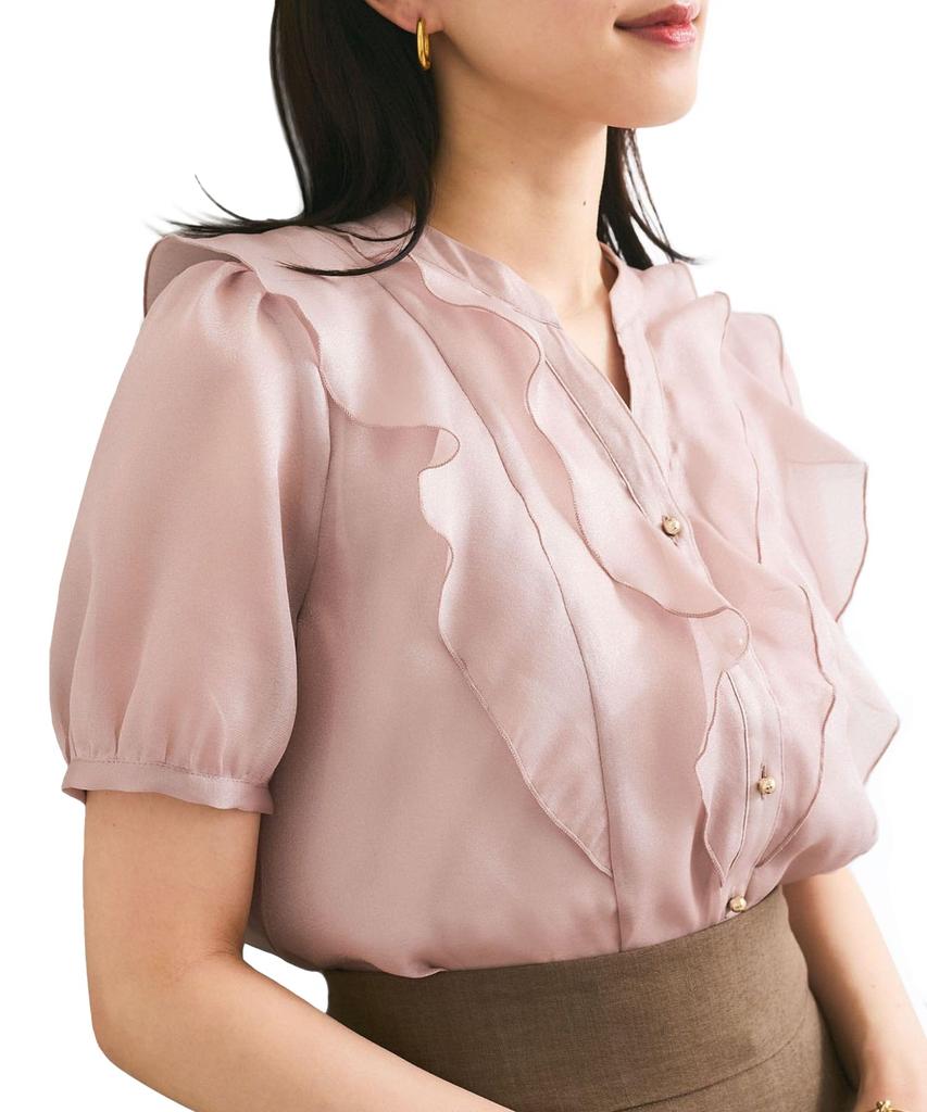 Washable Sheer Ruffle Short Sleeve Pink [BIS] Blouse, Women's, (63)