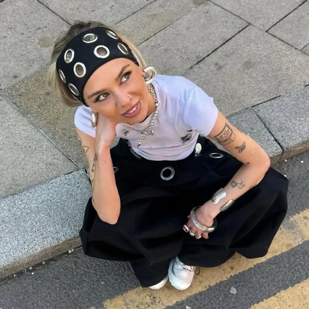 Metal Eyelets Punk Headwrap Wide Elastic Hollowed Out Eyelets Headband Rock Head Band  Punk Girl