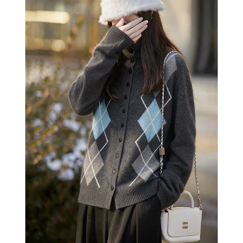 Demana Women's Wool Blend Argyle Knit Cardigan