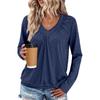 Women's V-neck Pleated Solid Color Casual Long-sleeved Loose T-shirt Top