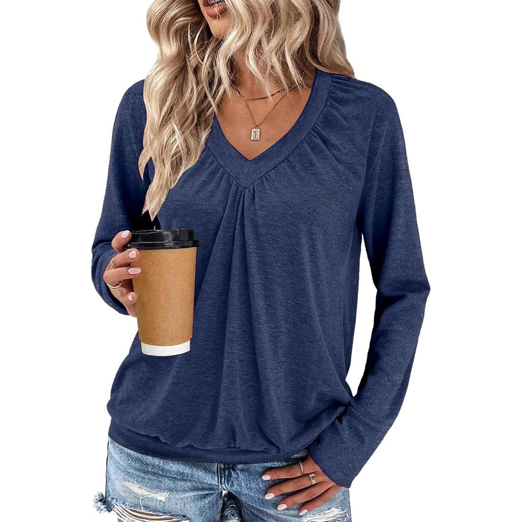 Women's V-neck Pleated Solid Color Casual Long-sleeved Loose T-shirt Top