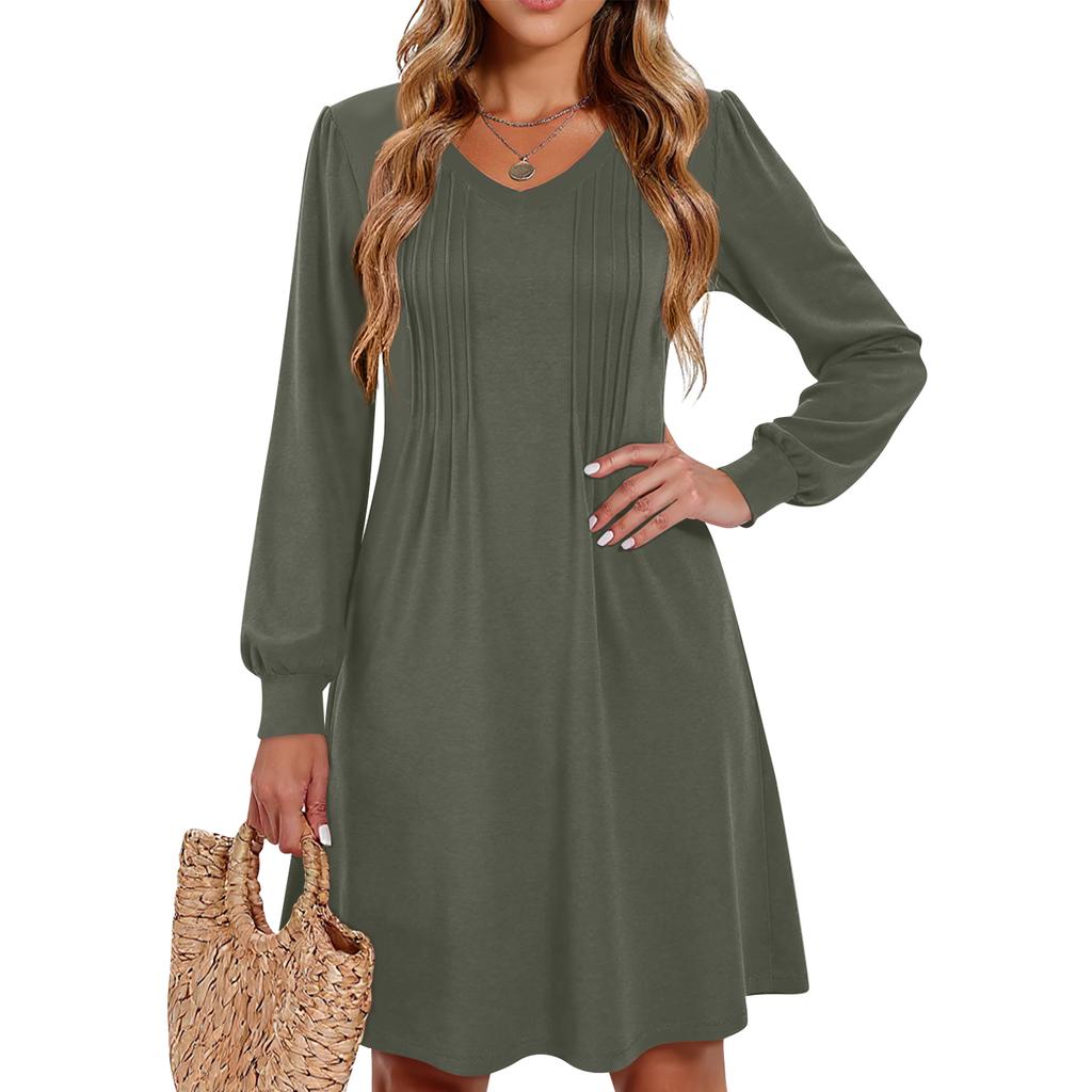 Women's Solid Color Casual Fashion V-neck Long Sleeved Mid Length Dress
