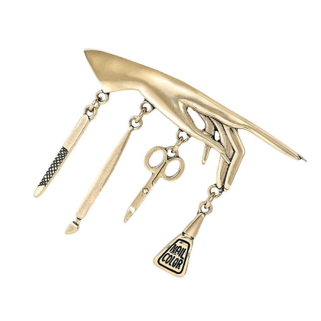 Multifunctional Punk Fashion Accessory Vintage Metal Brooch Showcasing Hand Nail Tool Design And Tassels Accent Ideal For Denims Jacket Styling Unisex