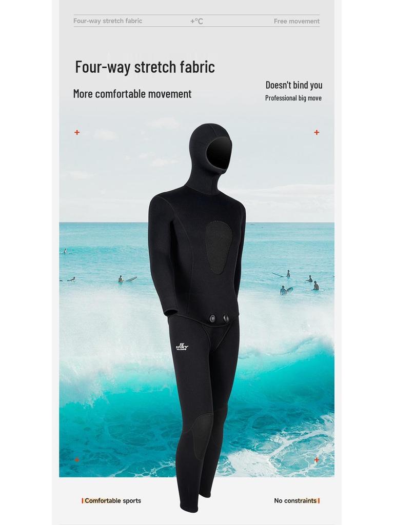 3mm Two-Piece Wetsuit with Hood for Warmth In Hunting, Snorkeling, Freediving, Surfing, and Ice Sports.