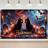 Halloween Black Cat Pumpkin Backdrop, Bat Candle Tombstone Banner, Happy Halloween Decor for Home Party Wall Decor