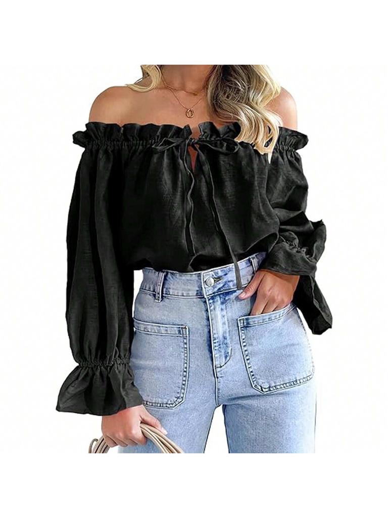 Damen Schulterfrei Bluse Langarm Rüschen Tunika Top Elegant Lässig