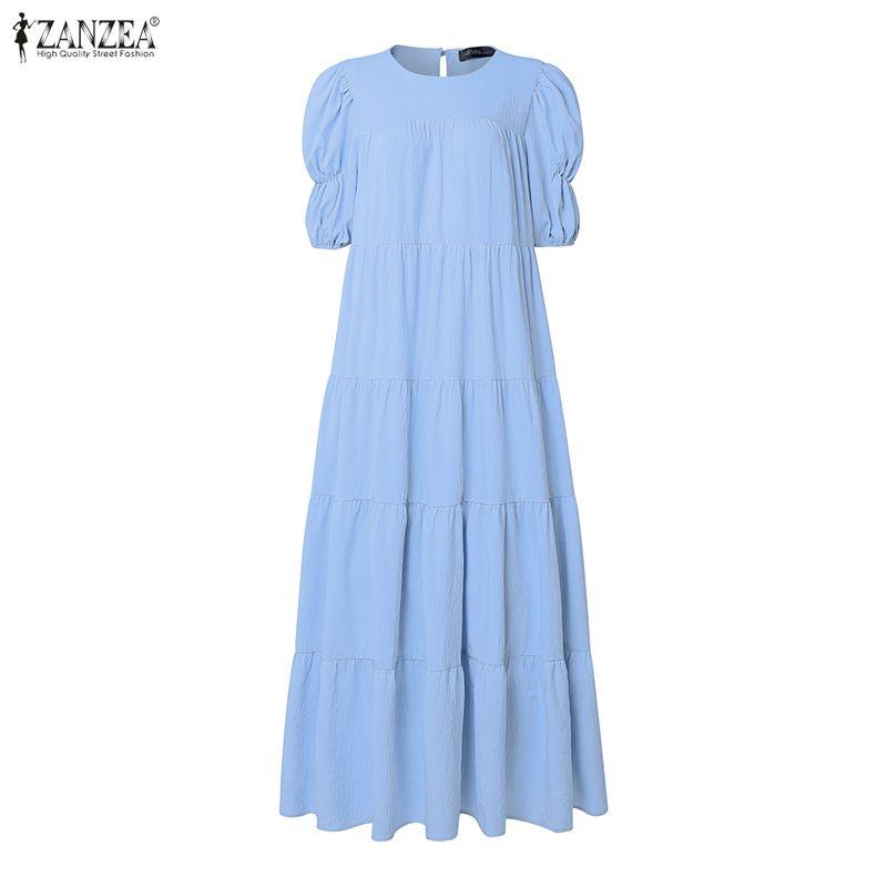 ZANZEA Damen Freizeit Rundhals Locker Kurzarm Langes Kleid