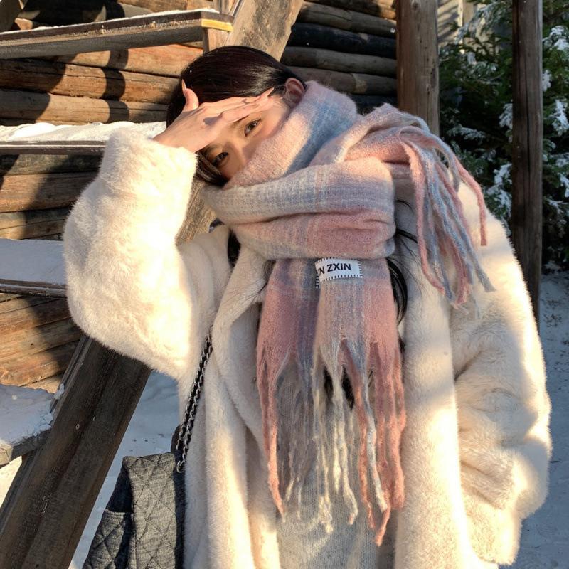 Pink Plaid Scarf for Women In Winter High End Warm Korean Style  Student  Versatile  Couple  White Scarf  Trendy