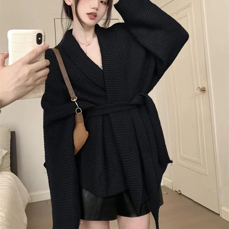 Knitted Female Cardigan Bathrobe Wind Aura Type Lace Up Autumn Winter Lazy Loose Sweater