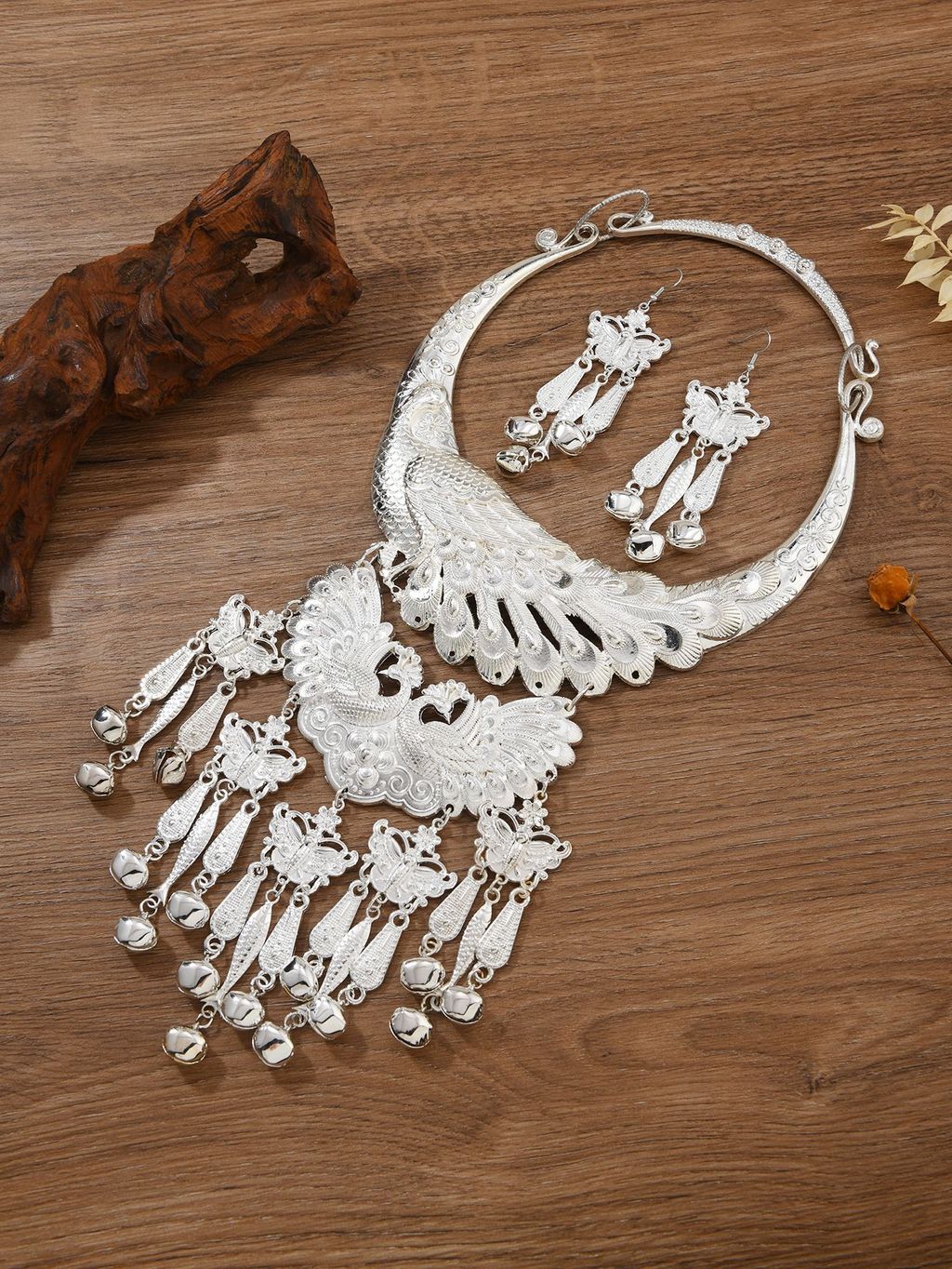 

Ethnic Silver Peacock Necklace With Geometric Pendant For Women Cultural Dance Accessories