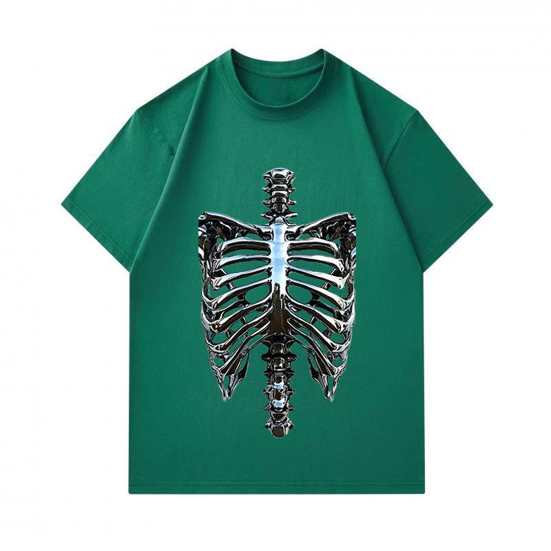 Men's 100% Cotton Crew Neck Short Sleeve T-Shirt, Metallic Skeleton Rib Cage Print Casual Comfortable Summer Tee for Daily Street Wear