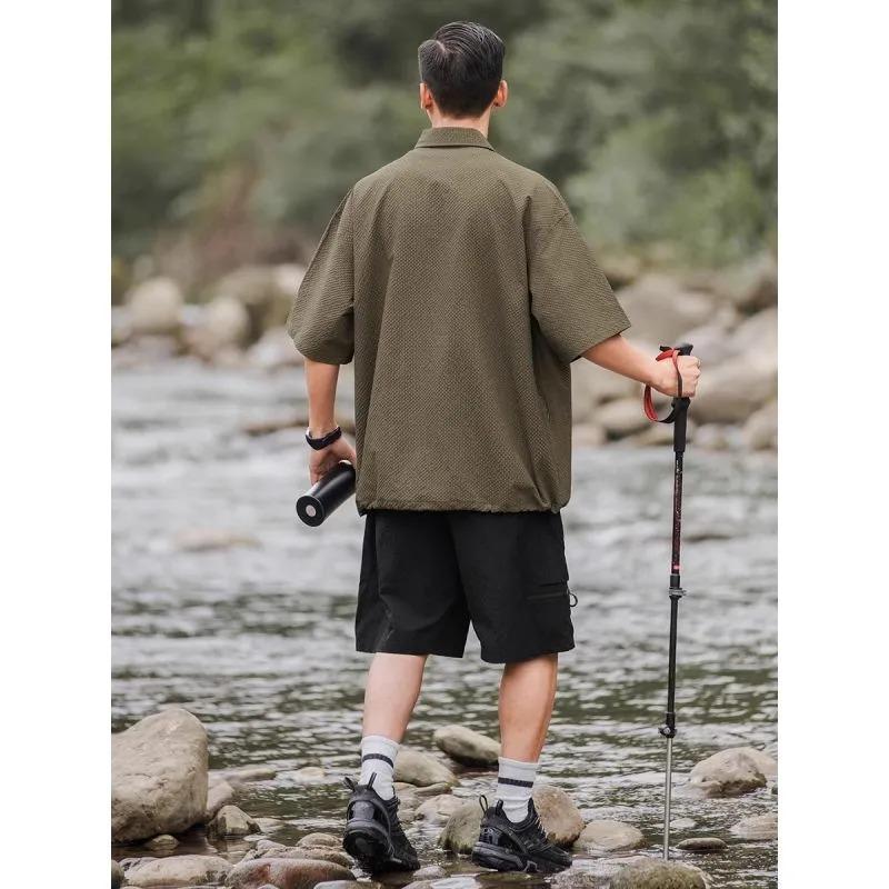 Herren Funktionsshirt für draußen, Oversized, mit halbem Reißverschluss, kurzärmlig, mit Taschen