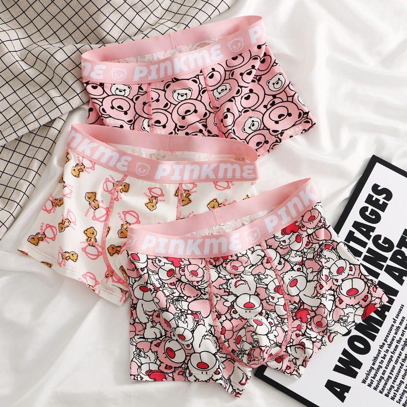 Men's Loose Underwear Boxer Briefs Plus Size Sexy Ultra-thin Breathable Underpants Pink Cartoon Bear Seamless Panties Short