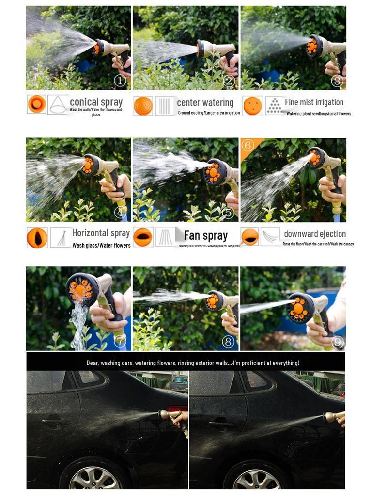 9-Function High-Pressure Car Wash Spray Gun with Adjustable Pure Copper Nozzle and Shower Head