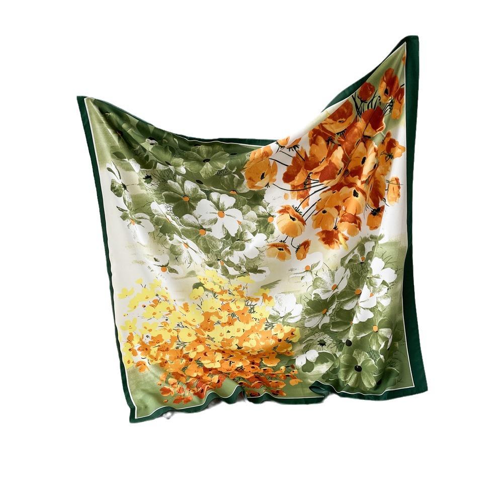 New Floral Scarf Mother Gift Flowers Sweet Thin Sunscreen Shawl Simulated Silk Print Square Scarf