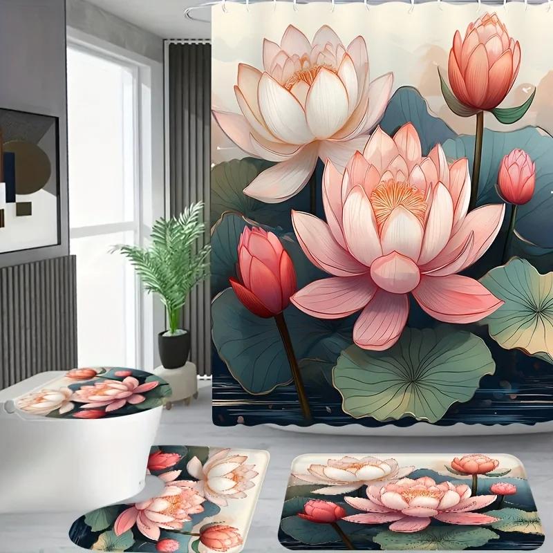 4pcs, The for Lotus landscape is elegant and refined pattern, Apartment bathroom, Shower Room shower curtain set with