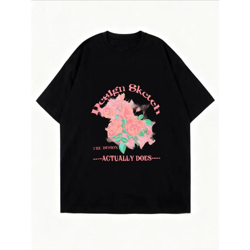Oversized T-Shirt White Floral Design Sketch The Design Actually Does Graphic Print Casual Wear For Women Summer Outfits Streetwear Fashion Trendy Top