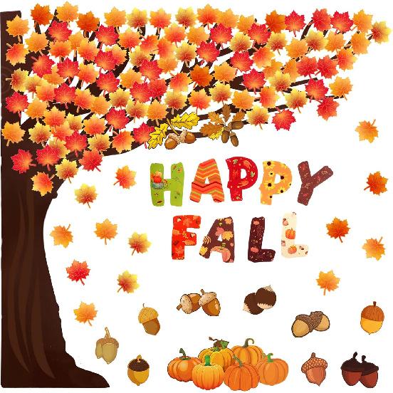 Zonon 128 Pcs Happy Fall Bulletin Board Decorations Fall Tree Pumpkin Halloween Thanksgiving Autumn Maple Leaf Cutouts Thankful Tree Decor to Write