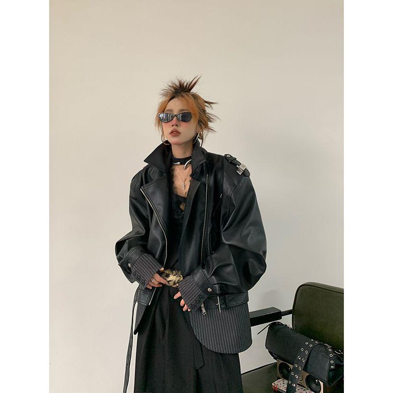 

Весна и осень 2025 Новое европейское и американское Гару Чувство дизайна тяжелой промышленности Нишевый пэчворк Профильный мотоциклетный кожаный плащ-куртка Женский Black S