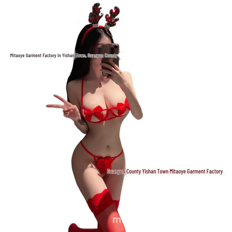 

Святковий комплект бікіні-лінгері з бантом на кісточках Red Set + Green Antler Headband