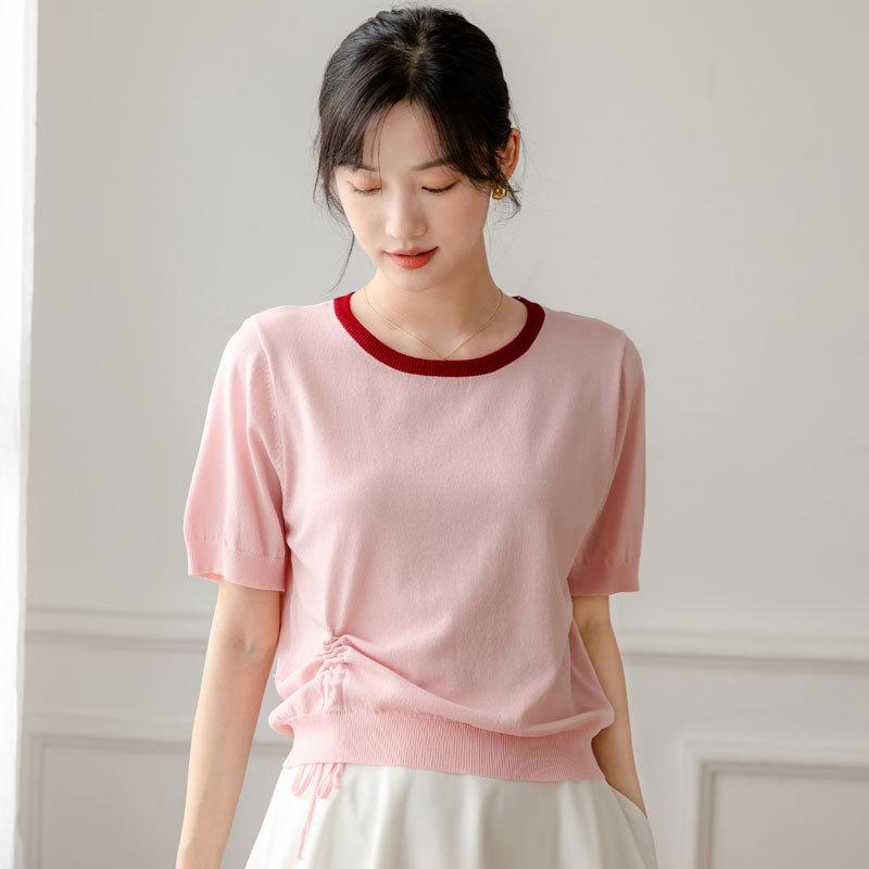 

Женский трикотажный топ с коротким рукавом и кулиской из ледяного шелка - Универсальный, Однотонный, С круглым вырезом, Модный и Высококлассный Extra Large розовый