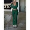 Women's V Neck Long Sleeve Crop Top High Waist Flare Pants 2 Piece Lounge Set