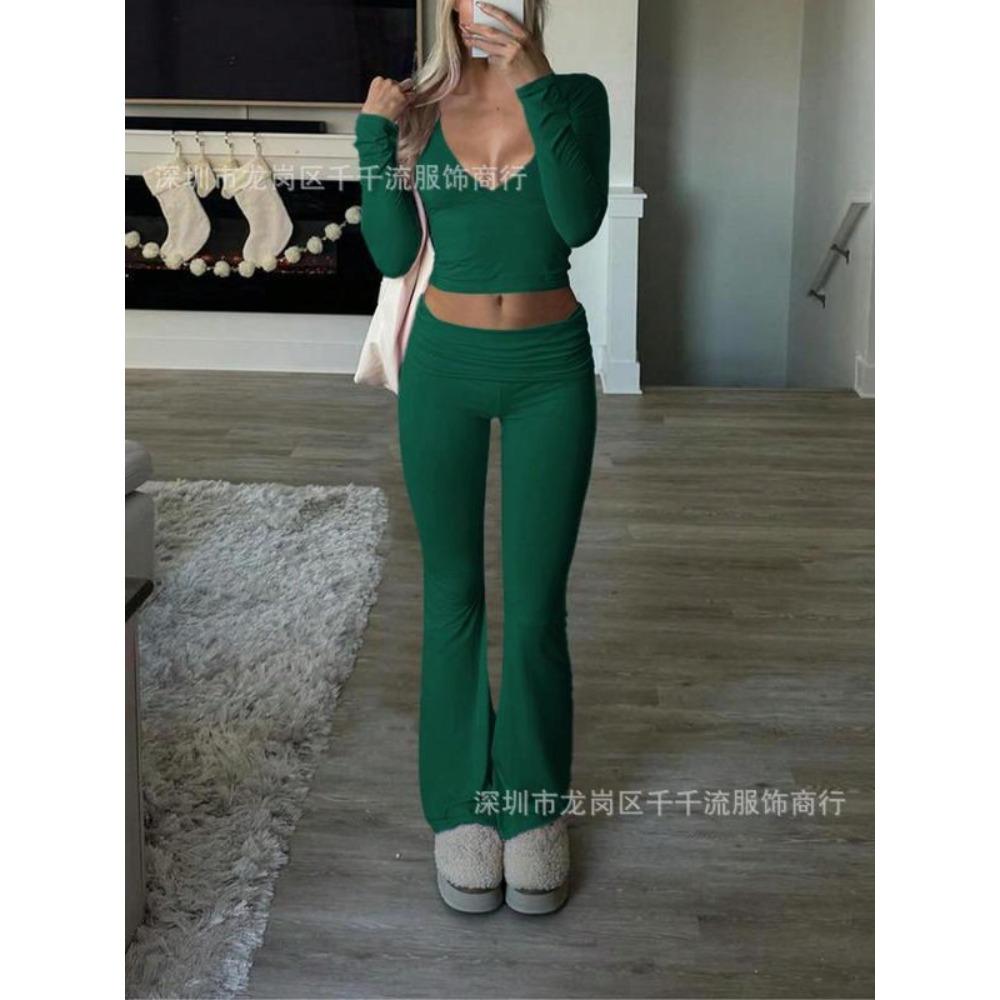 Women's V Neck Long Sleeve Crop Top High Waist Flare Pants 2 Piece Lounge Set