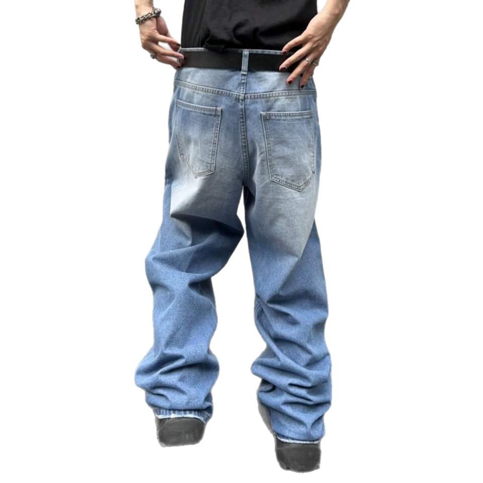 Summer new beard men's straight loose wide-leg American retro high-end jeans