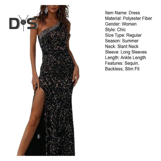 Robe de soirée pour femme, col incliné, une épaule, sans manches, paillettes, ourlet fendu, coupe ajustée, robe de soirée, maxi, soirée d'été