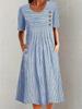 New Summer Round Neck Striped Pocket Short Sleeve Dress for Women, Casual and Elegant Vacation Style