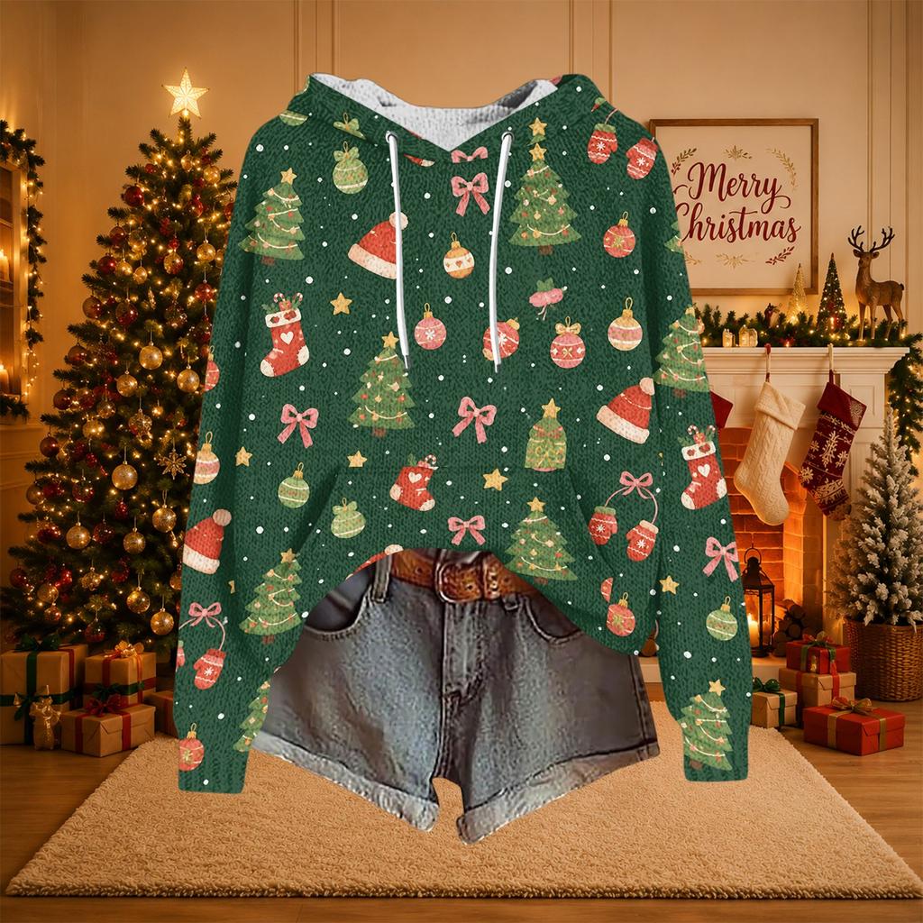 Women's Casual Long Sleeve Hooded Knit Sweatshirt with Christmas Print Pullover Top