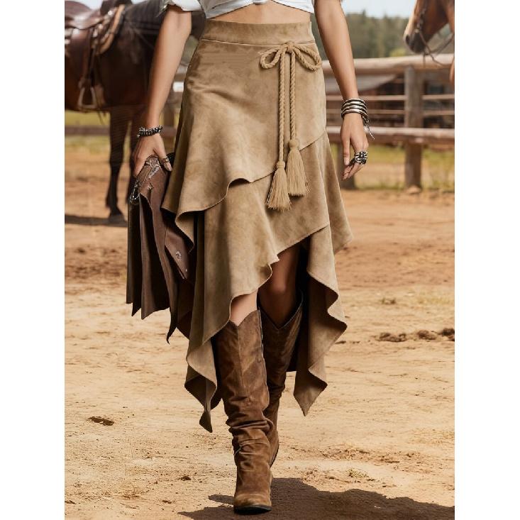 Women's faux suede vintage style irregular ruffle midi skirt with waist tie and tassel decoration