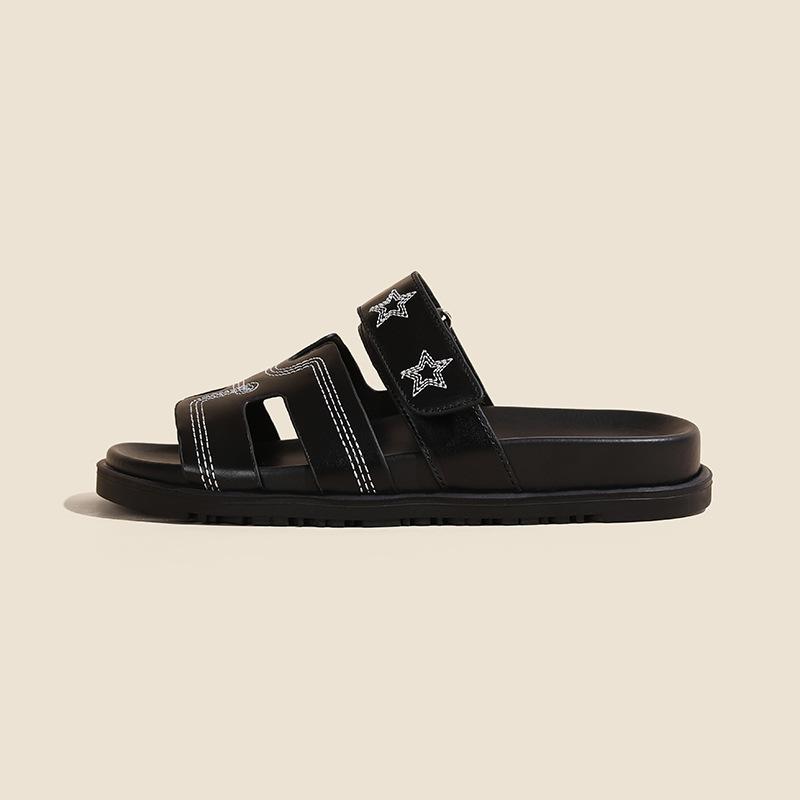 Su Yinyin's Second Uncle Slippers of the Same Style, Women Wear Ugly and Cute Leather H Slippers, Five-pointed Star Velcro One-word Drag Women