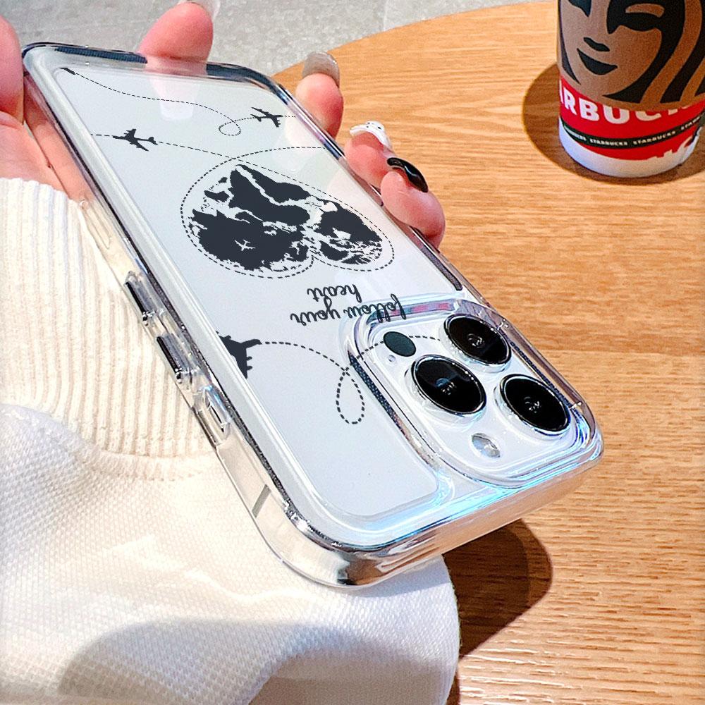 Heart Shaped World Map with Planes Lucency Phone Case for IPhone 14 15 16 13 12 11 17 Pro Max 12 13 Mini Soft Cover