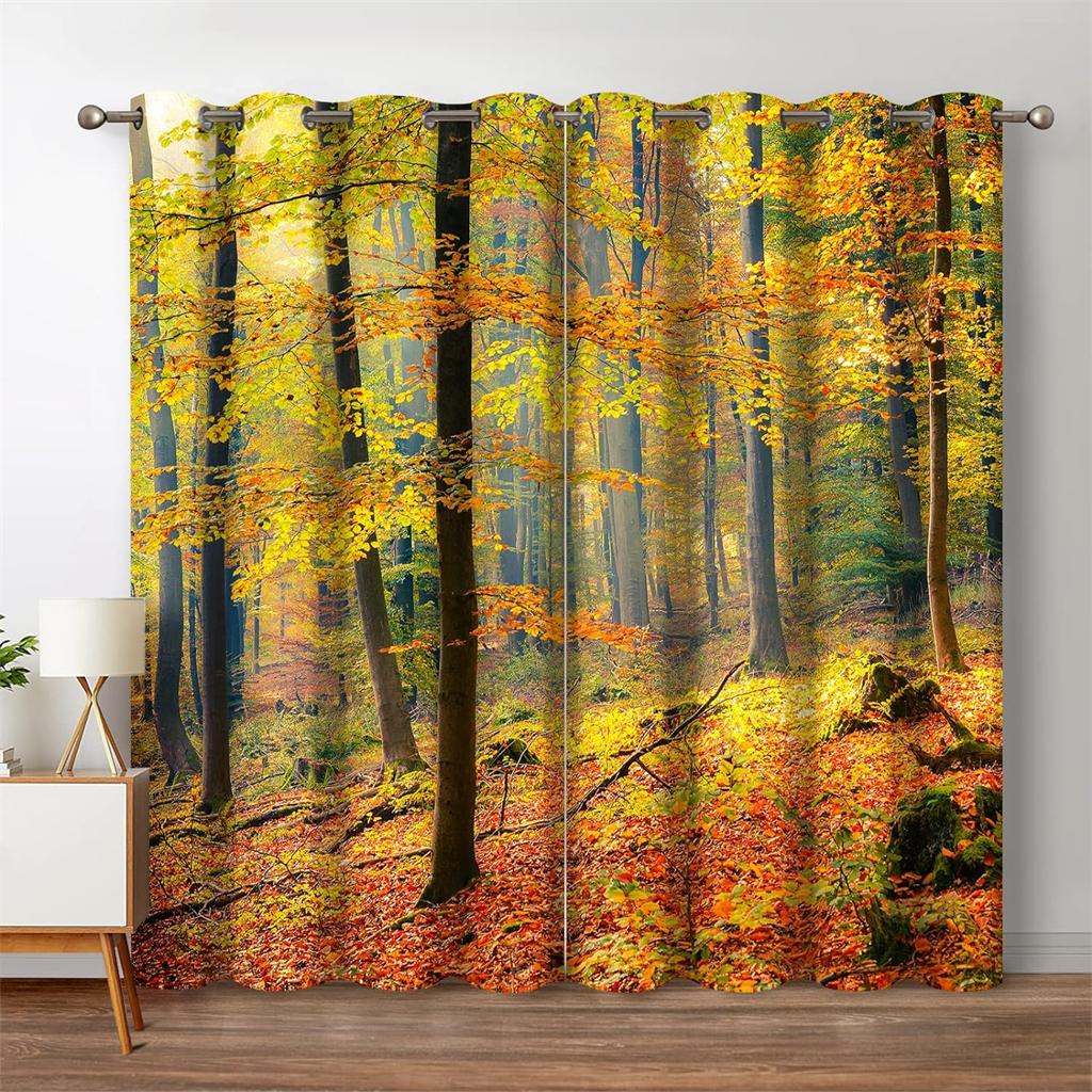 Red Maple Leaf Fall Lake Ocean Trees 3D Curtains 2 Panels Office Living Room Kitchen Bedroom Balcony Window Decor Curtains