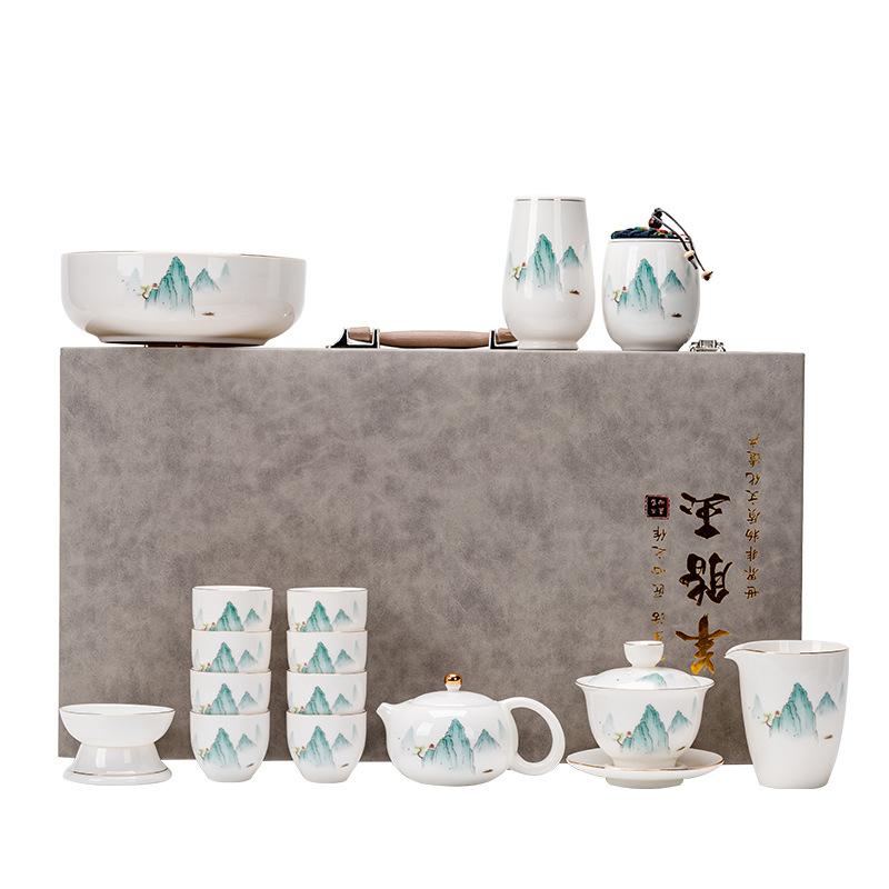 Ceramic tea set, Guochao Qianli Jiangshan Suet Jade Kung Fu tea set gift box, business gift set