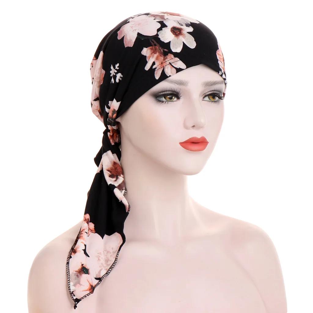 Women Printed Turban Cap Muslim Hijab Inner Caps Beanies Bonnet Long Tail Headscarf Strech Bandana Hat