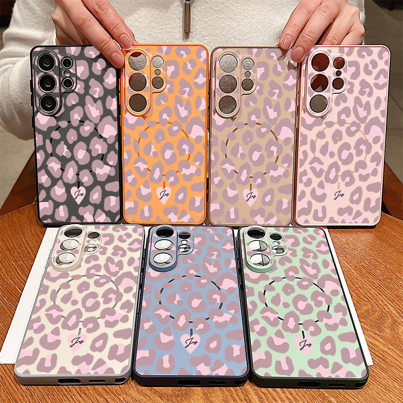Magnetic For Magsafe Case For Samsung Galaxy S26 Ultra S25 Edge S24 Plus S23 FE S22 A54 A55 A56 5G Pink Leopard Print Matte Cover