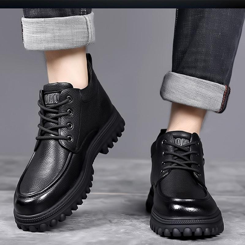 2024 Winter Shoes Men Ankle Boots Fashion Brand Male Footwear Genuine Leather Warm Plush Flat Non-slip Pure Black D230