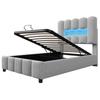 Upholstered Bed, 90 x 200 cm, without Mattress, LED Lighting, with Hydraulic Mechanism, Adjustable Headboard, Velvet, Gray
