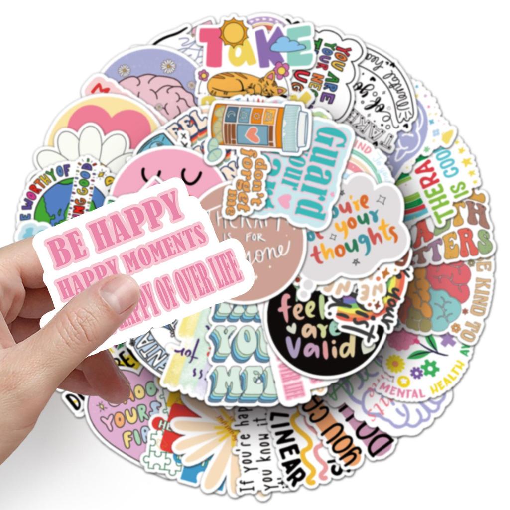50 Mental Health Doodle Stickers - Inspirational English Slogans for Personalizing Laptops, Phones, and Cases