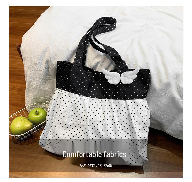 Korean Polka Dot Pleated Canvas Tote Bag - Women's Summer Sweet Style, Single Shoulder, Large Capacity