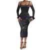 European and American style women's clothing autumn new fashion temperament slim-fitting fluffy stitching mesh long-sleeved backless dress