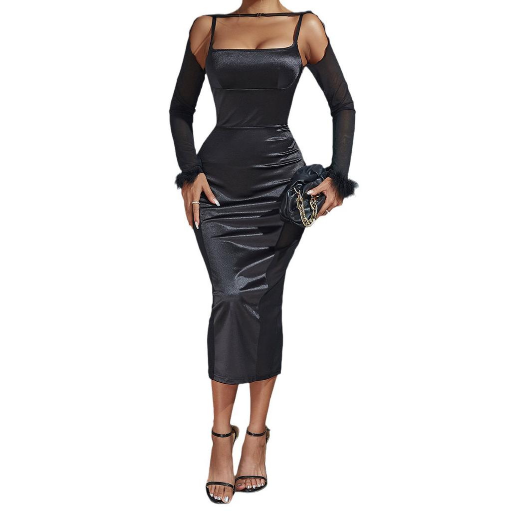 European and American style women's clothing autumn new fashion temperament slim-fitting fluffy stitching mesh long-sleeved backless dress