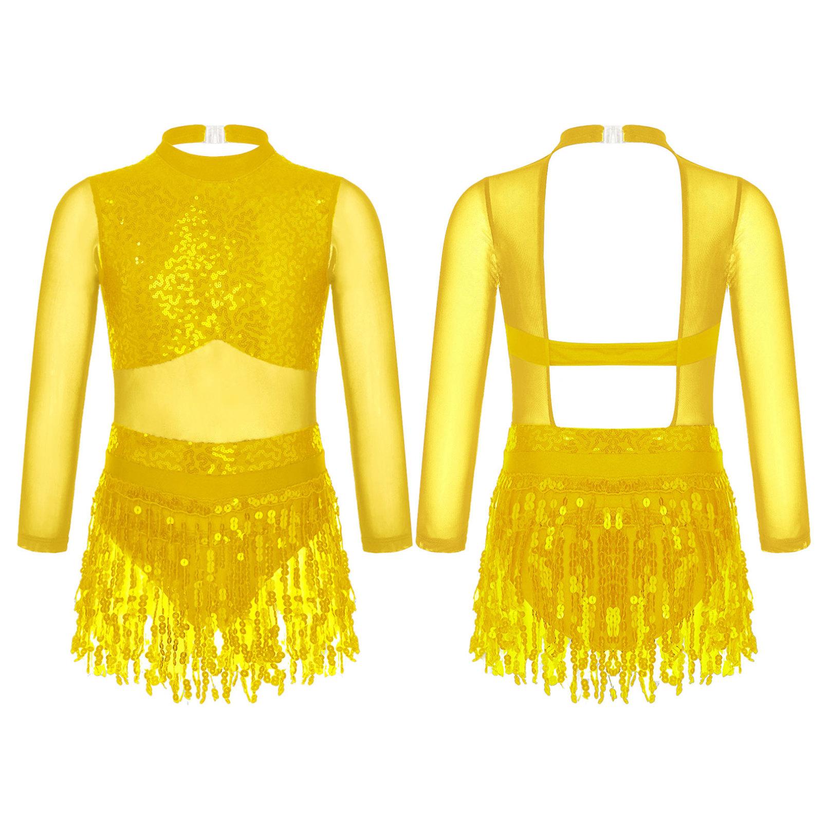 Inhzoy Kinderen Meisjes Pailletten Kwastje Latin Dans Kostuum Lange Mouw Holle Rug Lyrische Jazz Gymnastiek Ballet Outfits 13-14 Years goud