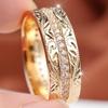 Luxury Gold Tone Wide Band Ring Leaf Carved Pave CZ Eternity Jewelry Gift for Women Wedding Anniversary Party