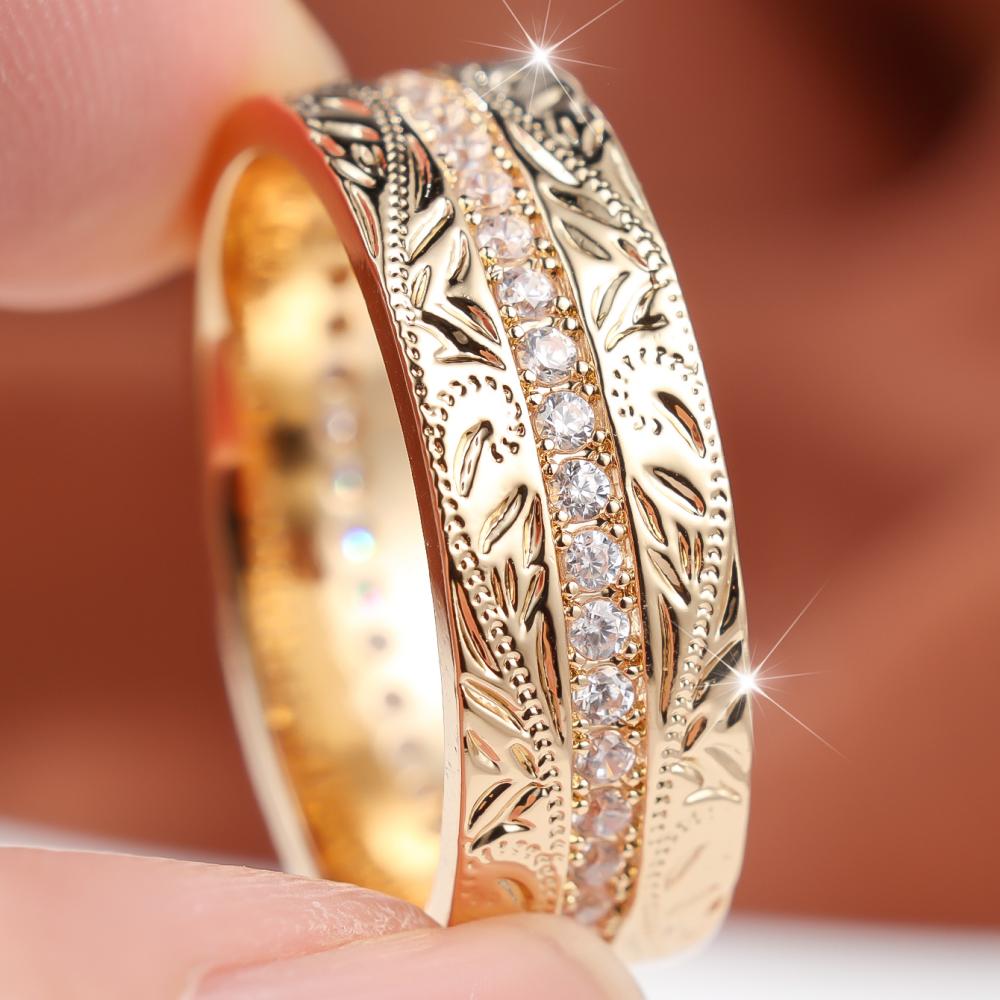 Luxury Gold Tone Wide Band Ring Leaf Carved Pave CZ Eternity Jewelry Gift for Women Wedding Anniversary Party