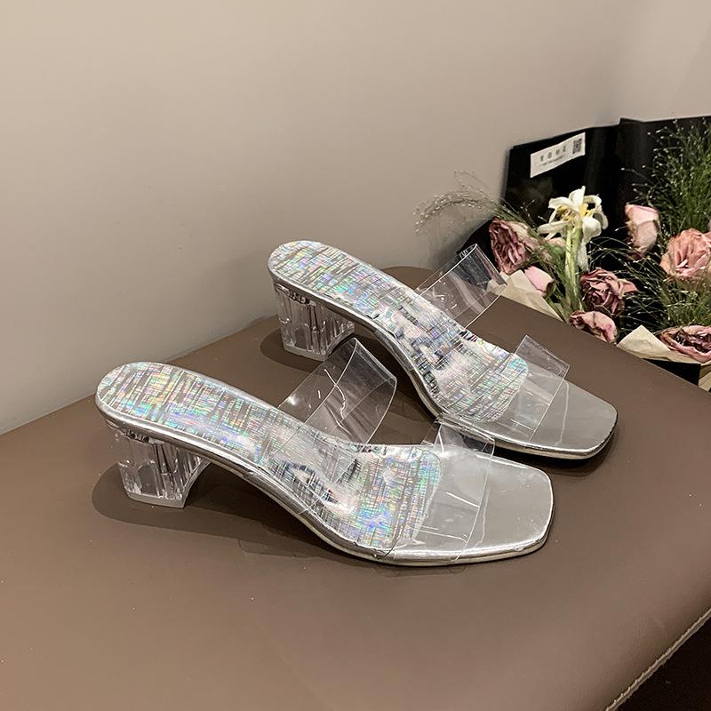 One-word PVC transparent slippers women's outer wear 2024 summer new large size square head thick heel fashion cool slippers women's shoes